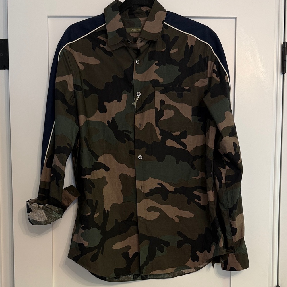 Valentino Camouflage Shirt, blue stripe detail NWT